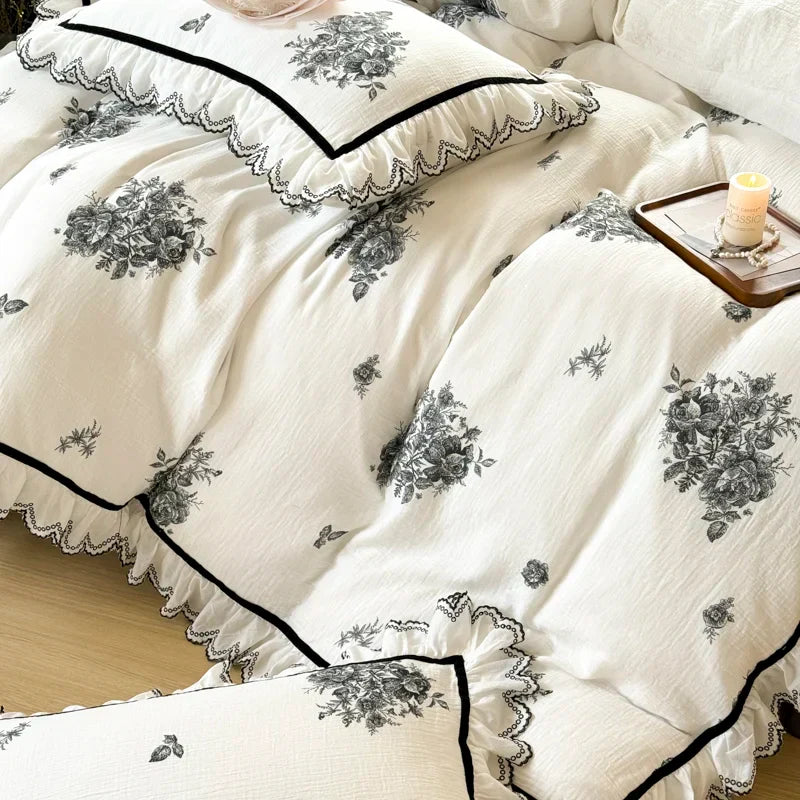 Decobites Ruffled Embroidery Cotton Bedding Set: Duvet Cover, Sheet Set, Pillowcase