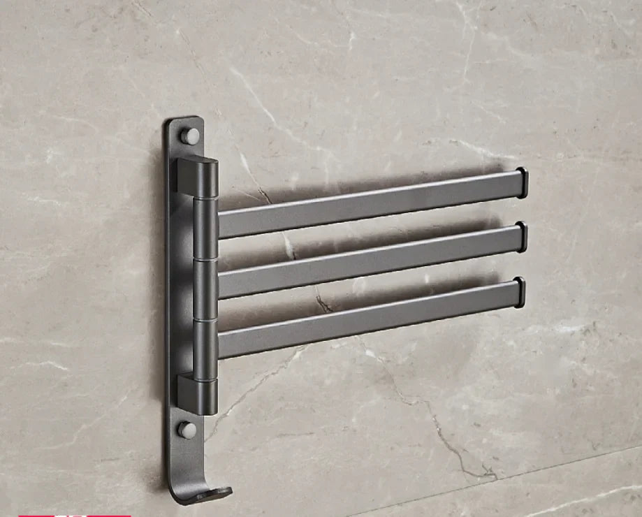 Toallero giratorio de aluminio gris DecorBites™: Barra de toalla plegable de pared para baño