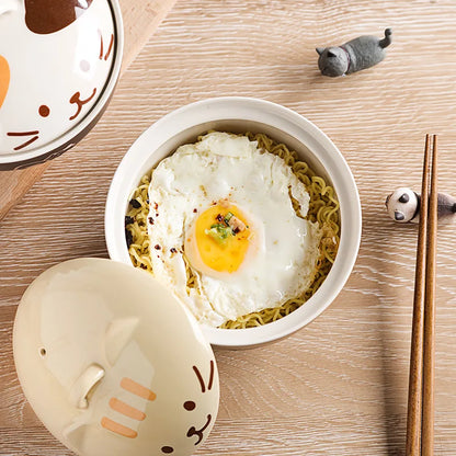 Japanese Creative Ceramic Soup Bowl Cute Cartoon Animals with Lid Cat Bowl Household Instant Noodles Bowl Rice Bowl Tableware