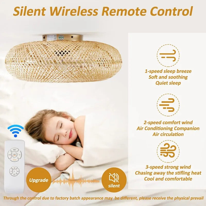 DecorBites™ Bamboo Ceiling Fan with Rattan Cage Light & Remote Control