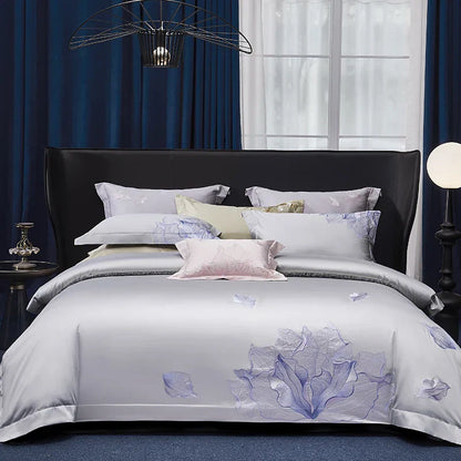 Decobites Luxury Flower Embroidery Bedding Set: Soft Egyptian Cotton Duvet Cover, Sheet, Pillowcase (4Pcs)