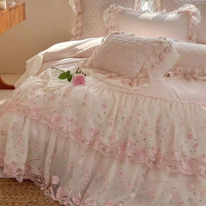 Decobites Winter Velvet Princess Bedding Set with Lace Ruffles and Quilted Bed Skirt