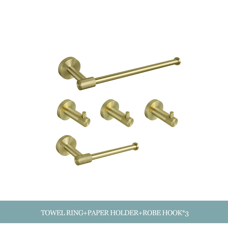 Conjunto de Hardware Decorbites™ Gold: Barra de Toallas, Soporte para Papel Higiénico, Gancho para Batas, Colgador de Tazas