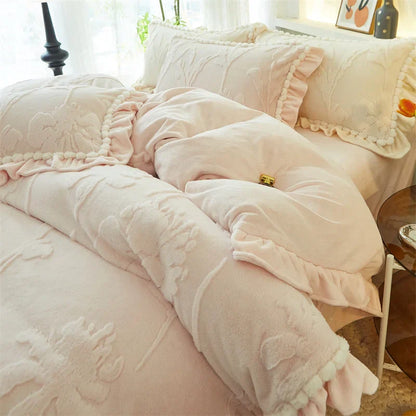 Velvet Ruffles Luxury Bedding Set by Decobites: 3D Carved Plush Duvet Cover, Bed Sheet, Pillowcase