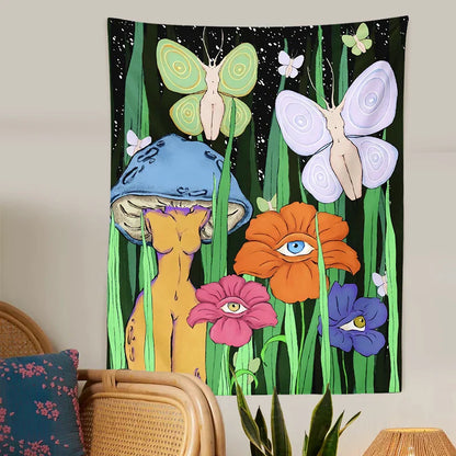 Decobites Psychedelic Mushroom Girl Botanical Floral Tapestry Wall Hanging