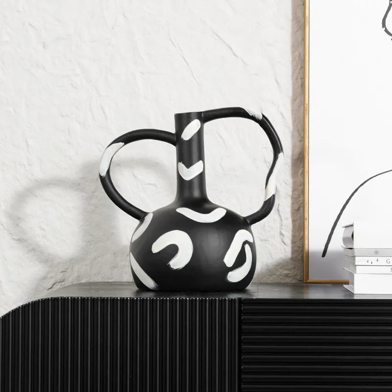 Jarrón DecorBites™ con rayas geométricas y asa abstracta para decoración del hogar