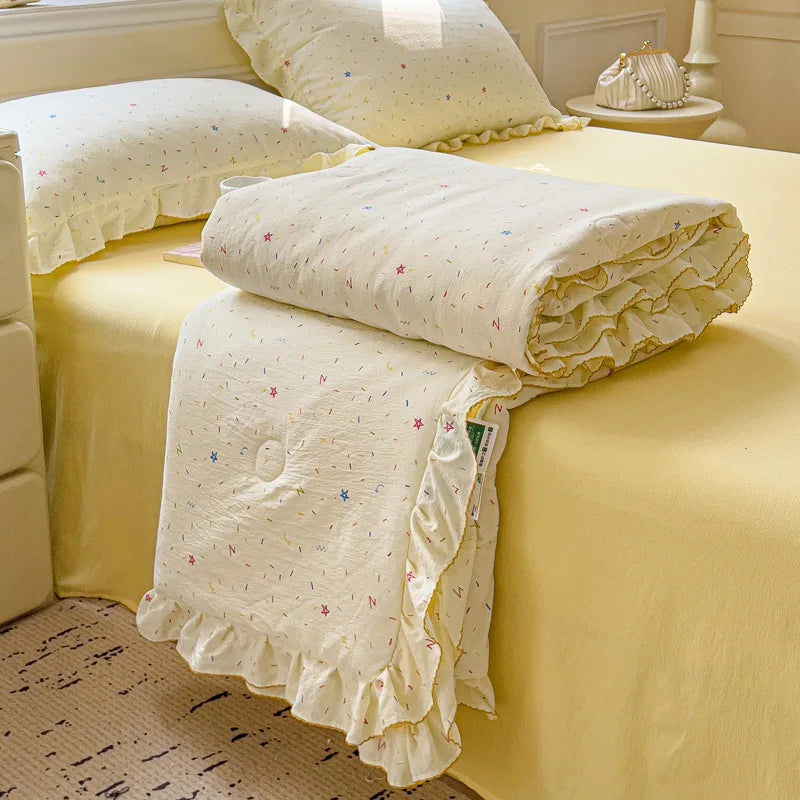 DecorBites™ Korean Cotton Patchwork Quilt with Lace and Ruffle for Summer