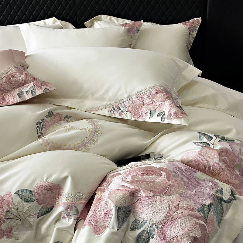 DecorBites™ French Flowers Embroidery Luxury Bedding Set in 1000TC Egyptian Cotton