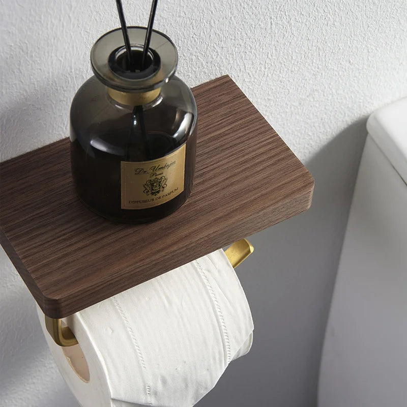 DecorBites™ Brass & Wood Wall-mounted Toilet Paper Holder & Tissue Box Rack