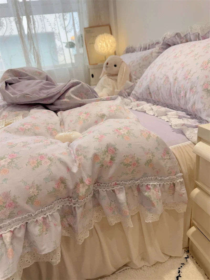 Decobites Princess Style Lace Ruffles Bedding Set - 100% Cotton, 3/4Pcs, Korean Design