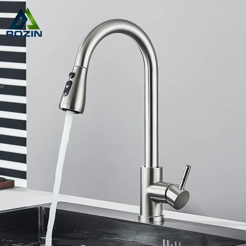 DecorBites™ Brushed Nickel Kitchen Faucet with Flexible Pull Out Nozzle and Stream Sprayer