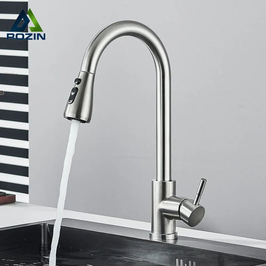 DecorBites™ Brushed Nickel Kitchen Faucet with Flexible Pull Out Nozzle and Stream Sprayer