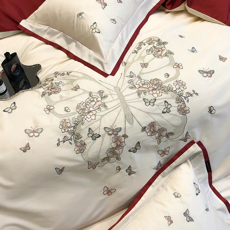 Decobites Butterfly Flowers Embroidery Wedding Bedding Set 1000TC Egyptian Cotton Duvet Cover