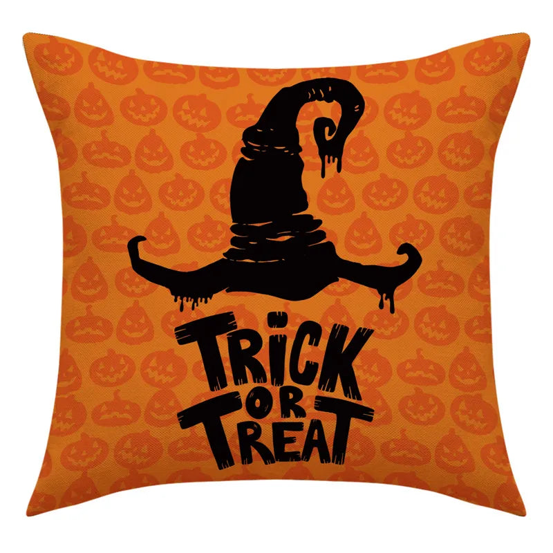 Decorbites™ Halloween-Kissenbezug-Set – Festive Bezüge für Sofakissen mit Druck von Kürbis, Katze und Hexenhut.