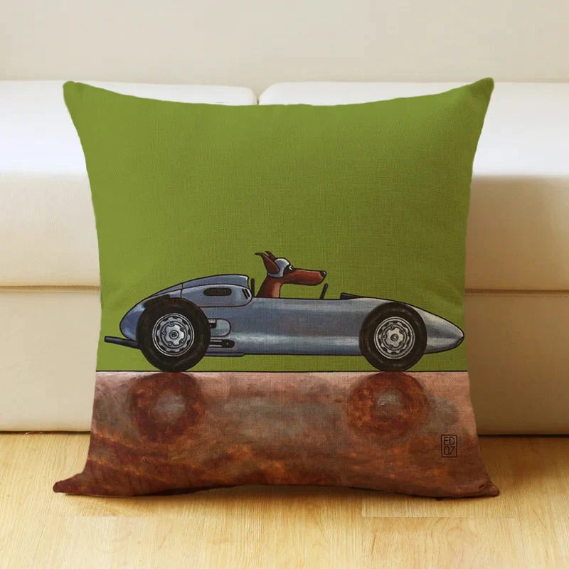 DecorBites™ Cartoon Dog Car Drive Pillow Cover 45x45cm Linen Sofa Home Decor
