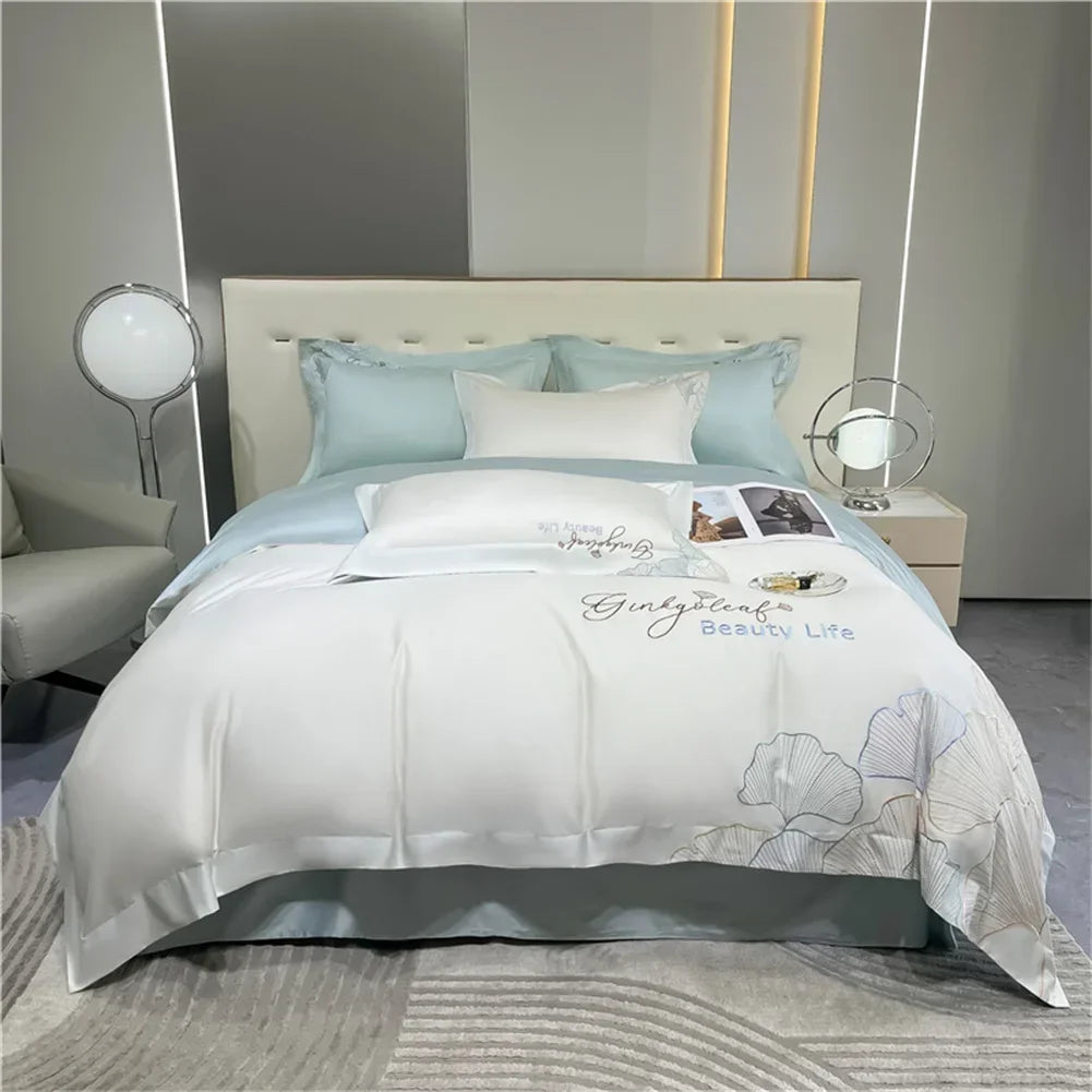 DecorBites™ 1200TC Embroidery Egyptian Cotton Bedding Set 4pcs King Queen Solid Sheet Duvet Cover