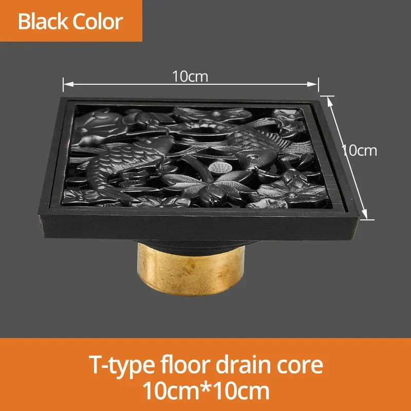 DecorBites™ Black Brass Shower Drain Strainer Floor Cover Square Art Carved Grate Basins SY-073R