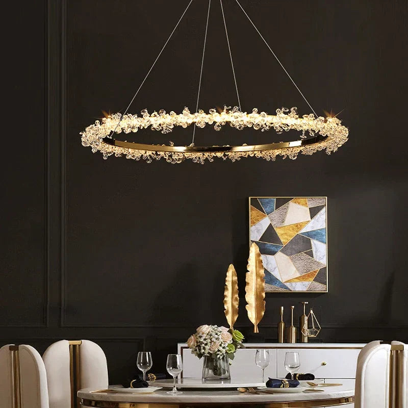 Decorbites™ Lámpara de Araña Redonda LED de Cristal Dorado para Iluminación de Lujo en Interiores
