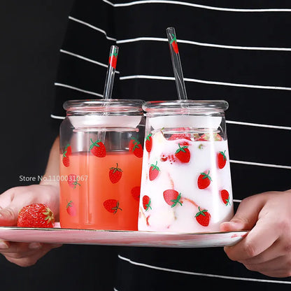 DecorBites™ Glass Cup Set with Lip Straws for Cold Drinks, Handmade, 600ml Strawberry Flavor