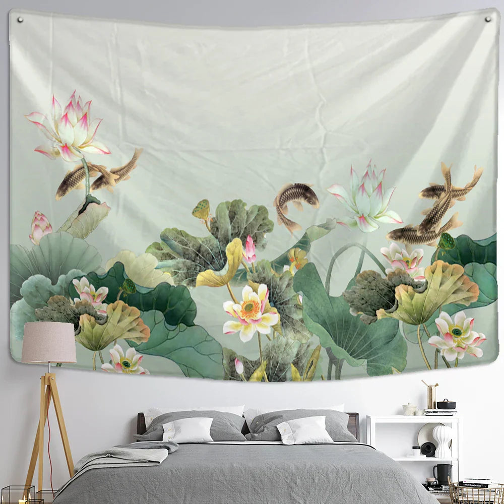 Decorbites™ Koi-Lotus-Tinten-Gobelin-Wandbehang – Bohème-Ästhetik für die Hausdekoration