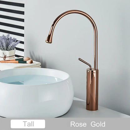 Grifo alto DecorBites™ Gold, mezclador giratorio de cascada de 360° para lavabo de baño