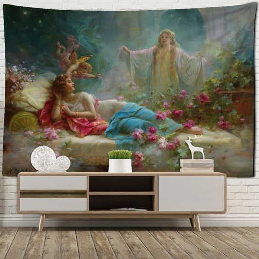 DecorBites™ Angels & Beauty Misty Oil Painting Tapestry Wall Hanging for Room Decor