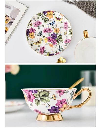Juego de taza de té DecorBites™ de porcelana fina con platillo y cuchara - Elegante vajilla para fiestas de té negro