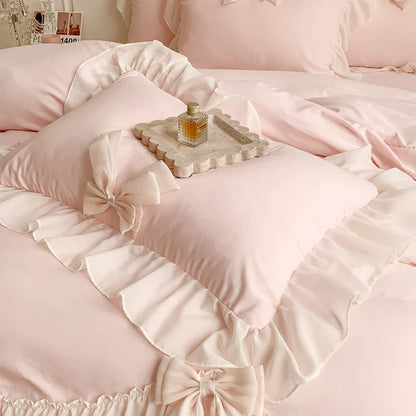 Decobites Pink French Princess Lace Ruffle Bow Bedding Set - Single Queen King