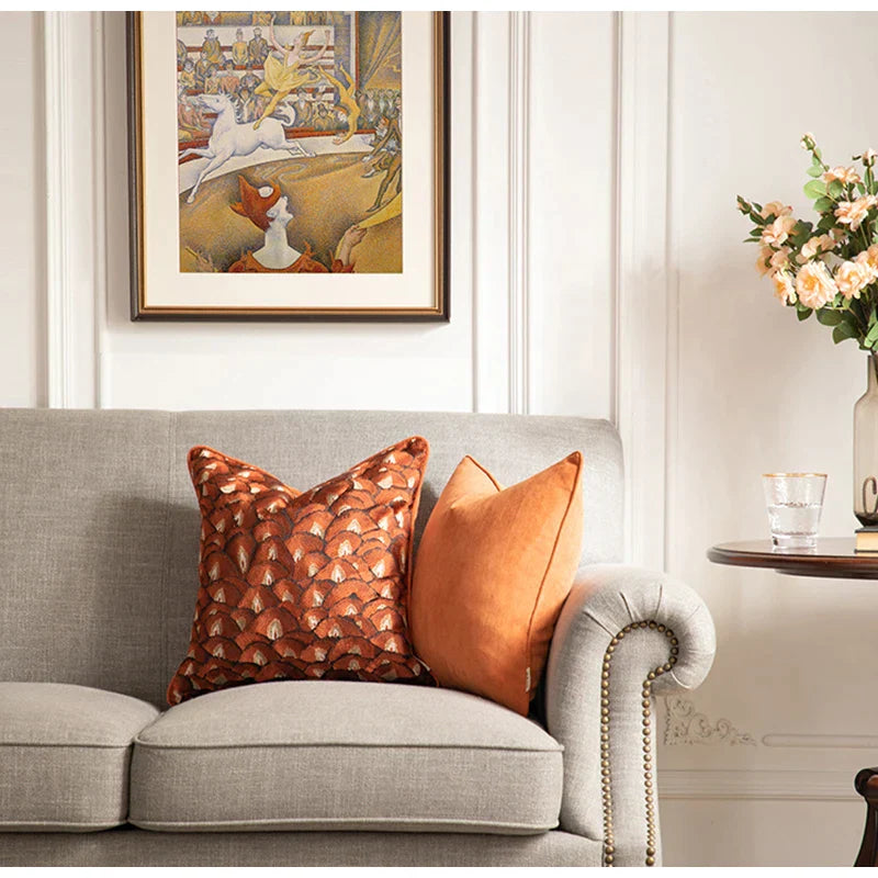 DecorBites™ Embroidered Geometry Pillow Case | Brick Red Retro Design | Sofa Cushion Cover