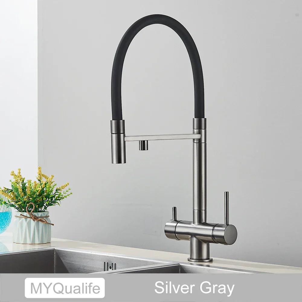 Grifo de cocina filtrado negro Decorbites™ de latón con doble manija para agua pura mezcladora