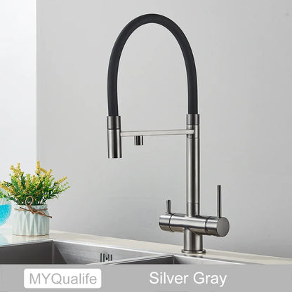 Grifo de cocina filtrado negro Decorbites™ de latón con doble manija para agua pura mezcladora