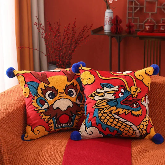 DecorBites™ Chinese Dragon Embroidered Cushion Cover: Festive New Year Home Decor Pillow Case