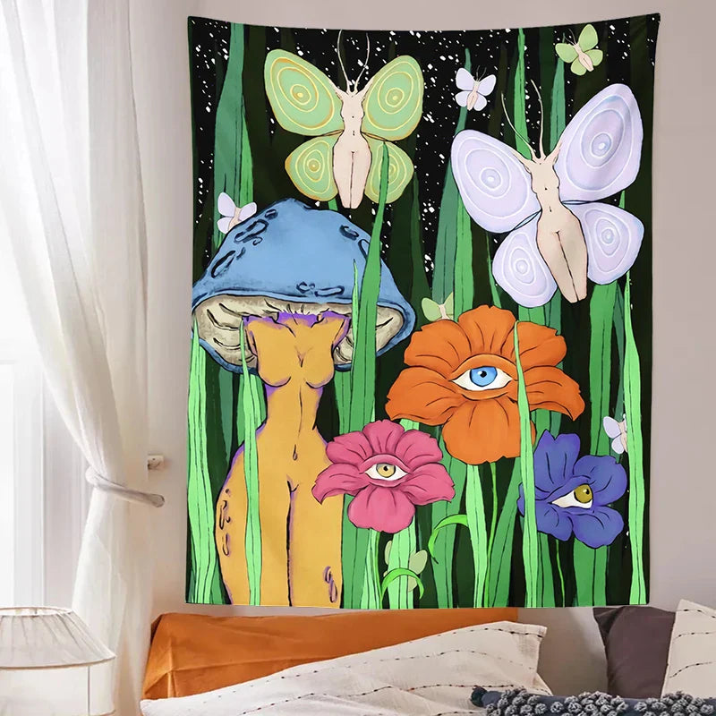 Decobites Psychedelic Mushroom Girl Botanical Floral Tapestry Wall Hanging