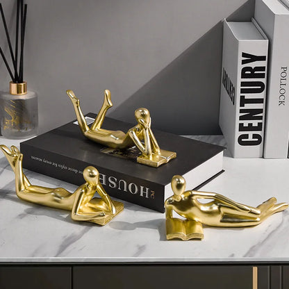 DecorBites™ Golden Thinker Reader Man Resin Figure: Abstract Home Decor Figurine