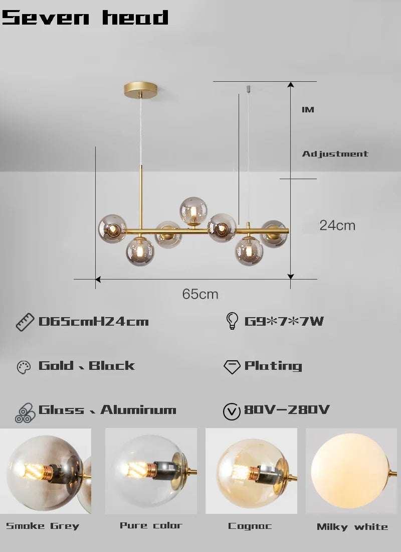 Lámpara colgante LED de bola de vidrio dorado Decorbites™ con 11 cabezales para cocina y comedor