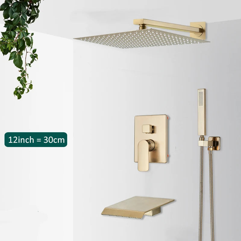 Quyanre Brushed Gold Shower Faucets Set Bathroom Wall Mounted Shower System Embedded Box Shower Mixer Tap Rainfall Shower Faucet