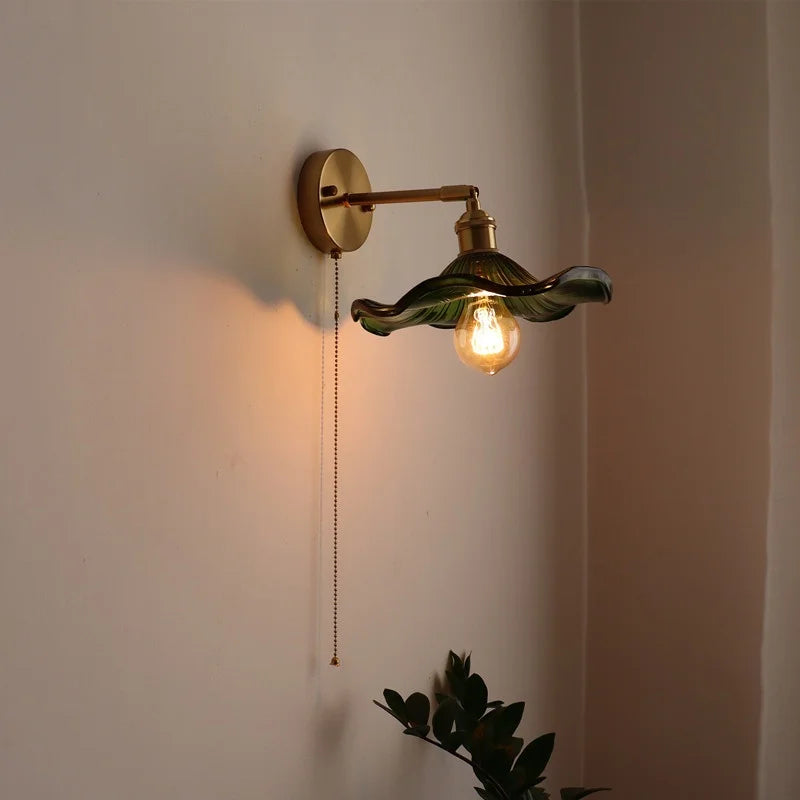 DecorBites™ LED Glass Copper Wall Sconce Pull Chain Switch Lamp for Bedroom Living Room