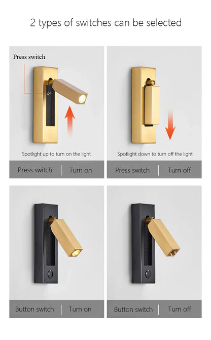 DecorBites™ Black Brass Wall Sconce with USB Port and Switch, 3W Spotlight for Bedroom