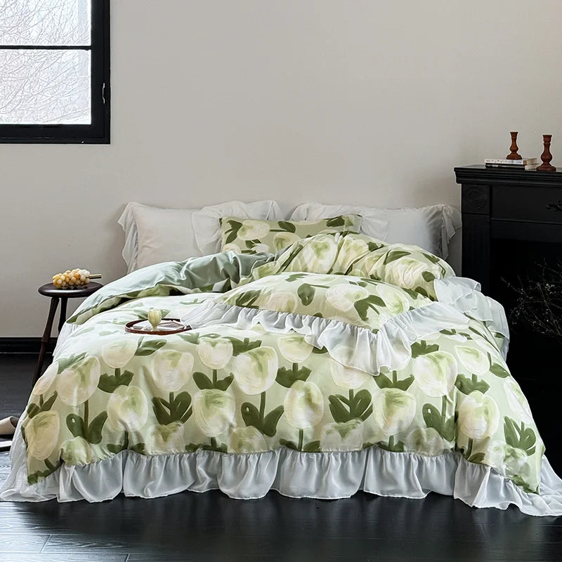 DecorBites™ Lace Ruffles Princess Cotton Bedding Set, Floral Quilt Cover, Girls Wedding Home Textiles