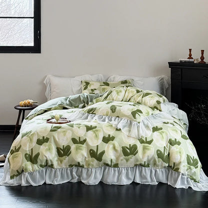 DecorBites™ Lace Ruffles Princess Cotton Bedding Set, Floral Quilt Cover, Girls Wedding Home Textiles