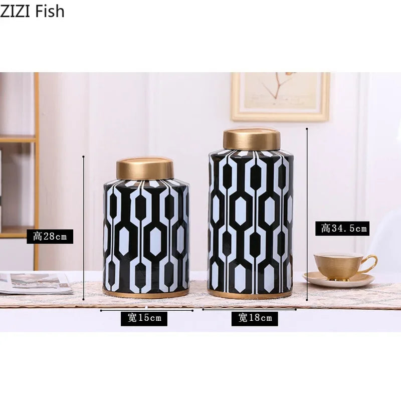 Jarrón de cerámica con rayas geométricas DecorBites™ para decoración del hogar, tanque de almacenamiento, mesa de sala