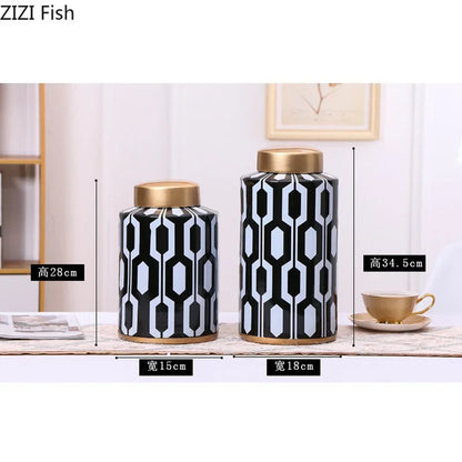 Jarrón de cerámica con rayas geométricas DecorBites™ para decoración del hogar, tanque de almacenamiento, mesa de sala