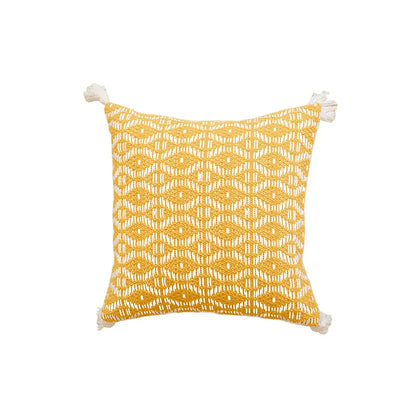 Funda de cojín DecorBites™ geométrica con mechones y borlas de ganchillo - Funda de almohada nórdica a rayas amarillas