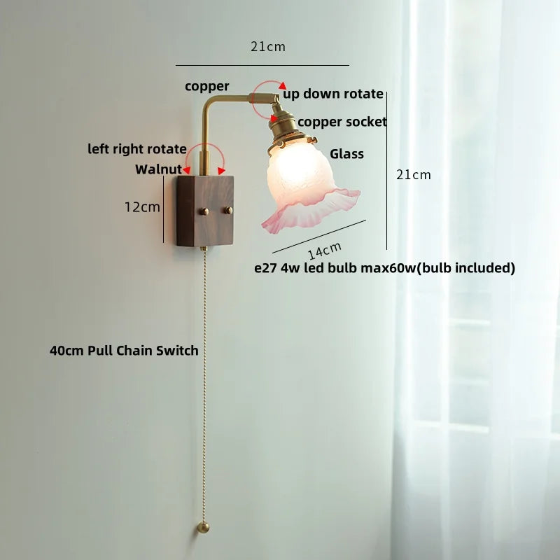DecorBites™ Glass Pink LED Wall Lights Pull Chain Switch Rotatable Sconce Bedside Lamp