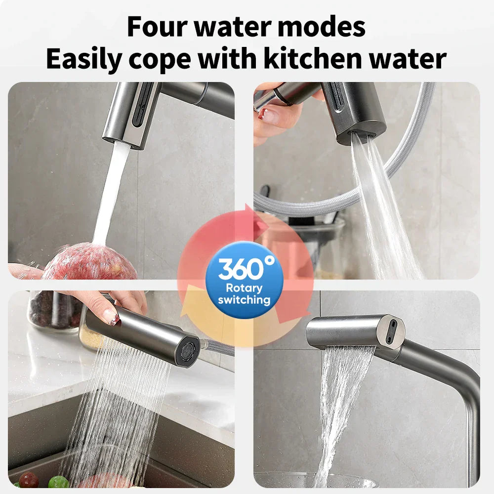 صنبور مطبخ أسود قابل للسحب من DecorBites™ مع رأس رشاش Waterfall Stream