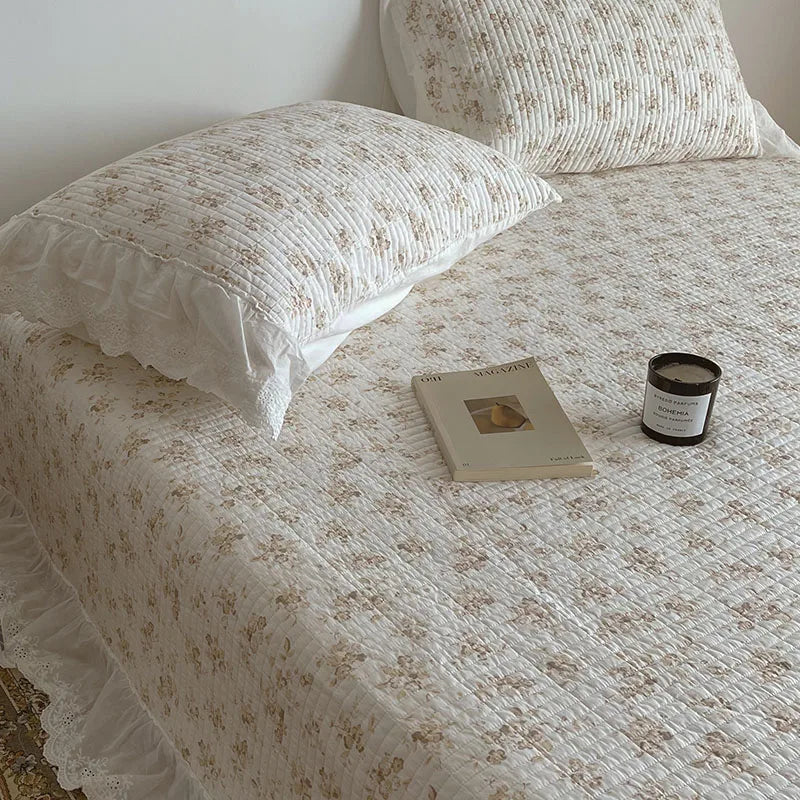 Decobites Floral Lace Ruffles Cotton Bedspread Set with Quilted Design & Pillowcases