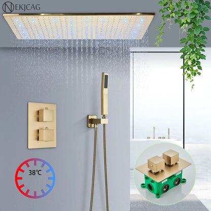 Juego de grifería termostática para ducha DecorBites™ con luz LED en oro cepillado y cabezal de ducha tipo lluvia para techo