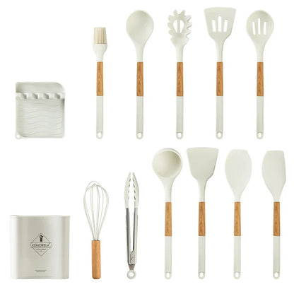 مجموعة أدوات طهي المطبخ المصنوعة من السيليكون من ديكوربايتس™، 10/13 قطعة - مقاومة للحرارة العالية، غير لاصقة، بمقبض خشبي