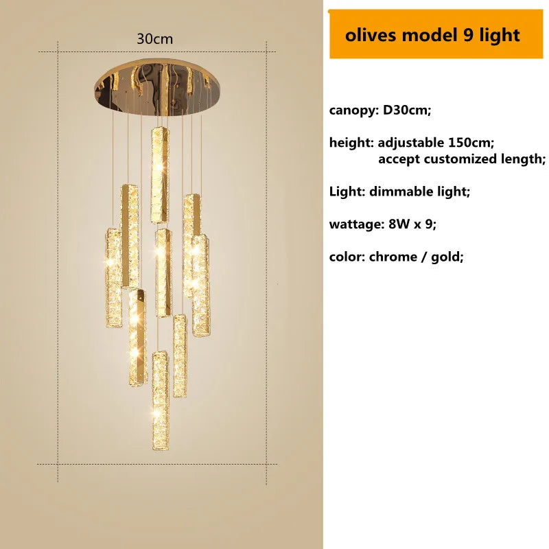 DecorBites™ Gold Chrome Steel Crystal Pendant Lights with Dimmable LED for Villa Stair