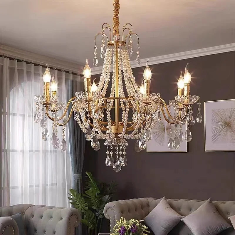 DecorBites™ Gold Crystal Pearl Chandelier LED Pendant Lights Luxe Living Room Decor